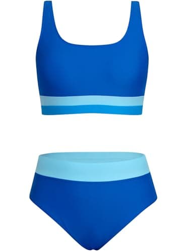 Alakuoti Girls Swimsuit Color Block Adjustable Straps Bikini Sets Teen Girl Two Piece Bathing Suits with Chest Pad Size 12 Blue - Image 1