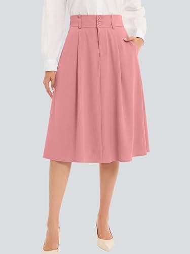 Casly Lamiit Women's Skirts Knee Length A Line Midi Skirts Work Skirt Elegant Flowy Pink XL - Thumbnail 2