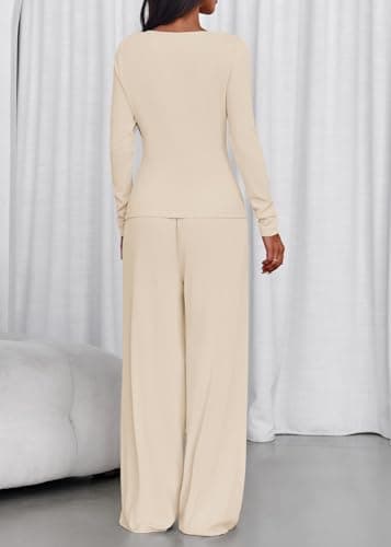 Lazysmile Lounge Sets For Women 2 Piece Sets Fall Outfits Long Sleeve Tops with Wide Legs Pants Casual Matching Set - Thumbnail 2