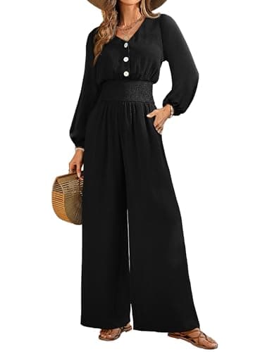 LOOKBOHO Long Sleeve Fall Jumpsuits for Women 2026 Dressy Casual One Piece Wide Leg Romper V Neck High Waist With Pockets Black Large - Image 1