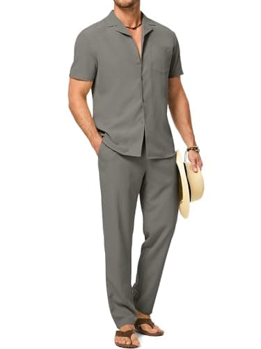 JMIERR Men Texture 2 Piece Outfit Short Sleeve Lightweight Beach Button Down Shirt Casual Pant Sets with Pocket - Image 1