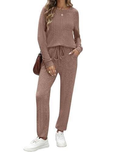 JUSTFASHIONNOW 2 Piece Outfits for Womens Long Sleeve Pajamas Set Ribbed Knit Lounge Sets Cozy Sweater Jogging Set Loungewear Sweatsuits with Pockets Coffee S - Thumbnail 2