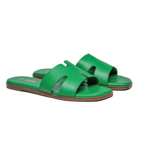 Rihero Women's Dressy Slides Sandals Comfortable Slip On Square Toe Flat Green Sandals Size 8 - Thumbnail 6