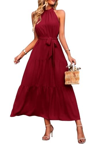 PRETTYGARDEN Women's Summer Maxi Sun Dress Sleeveless Halter Neck Flowy Ruffle Hem Long Boho Dresses with Belt (Solid Wine Red,Small) - Image 1