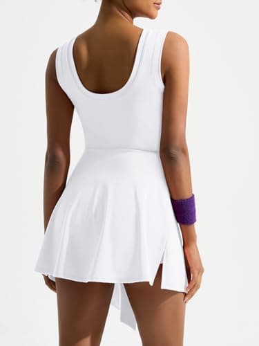 Dokuritu Womens Athletic Dress Crew Neck Sleeveless Tennis Dresses with Built in Shorts Backless Wrap Athletic Rompers White - Thumbnail 2