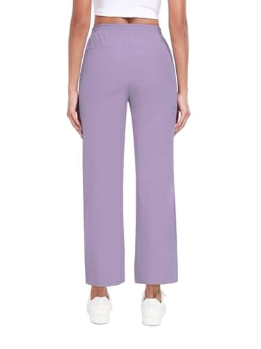Casual Pants for Women Wide Leg Pants High Waisted Elastic Waist Drawstring Lightweight Travel Work Lounge Comfy Trousers Pants with 2 Pockets Purple XL - Thumbnail 4