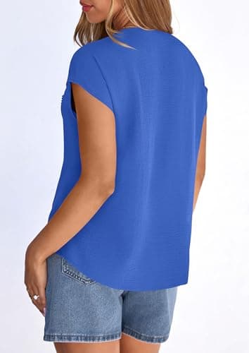 PRETTYGARDEN Blouses for Women Dressy Casual Spring 2026 Cap Sleeve V Neck Lace Trim Boho Tops Work Shirts Summer Clothes (Blue,Small) - Thumbnail 4