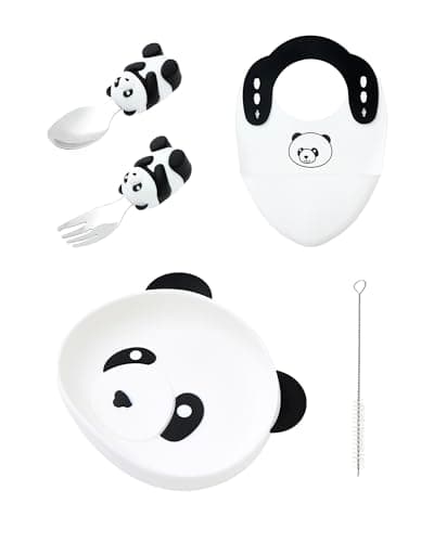 Ecrekhom Silicone Baby Feeding Set 5 Pcs, Weaning Supplies, Panda Baby Plates Baby Spoon & Fork, Baby Utensils Feeding Essentials - Image 1