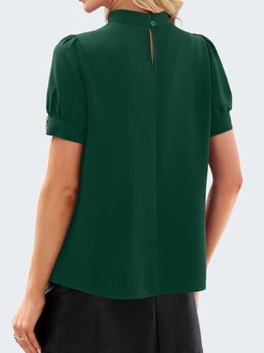 Funlingo Dressy Casual Tops for Women Short Puff Sleeve Work Blouses Mock Neck Flowy Office Tunic Shirts 2026 Summer Clothing Green M - Thumbnail 4