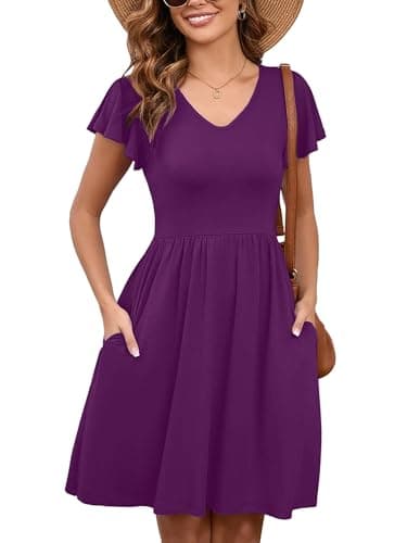 Heymoments Women Summer Dress Violet Purple Medium Ruffle Sleeve V Neck Casual Cute Loose Sundress Comfy Swing Midi Work Flowy Tunic Ladies Beach Vacation Teacher Dresses with Pockets - Image 1
