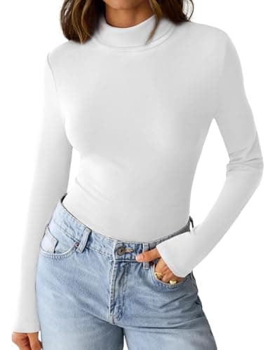 GKBK Womens Long Sleeve Shirts Mock Turtleneck Turtle Neck Fall Fashion Basic Thermal Underwear Layer Tops Tight Slim Fit Cute Ribbed T-Shirts Winter Pullover Clothes 2025 White L - Thumbnail 5