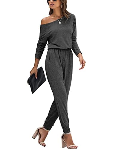 STOLKISS Women’s Long Sleeve Jumpsuits Off Shoulder Dressy Casual Fashion Jumper Elastic Waist Drawstring Rompers with Pocket - Image 1