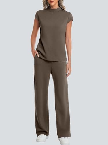 Casly Lamiit Womens Sets 2 Piece Outfits Summer Mock Neck Tops Casual Short Sleeve Travel Lounge Set Airport Beach Vacation Resort Wear Coffee M - Thumbnail 3