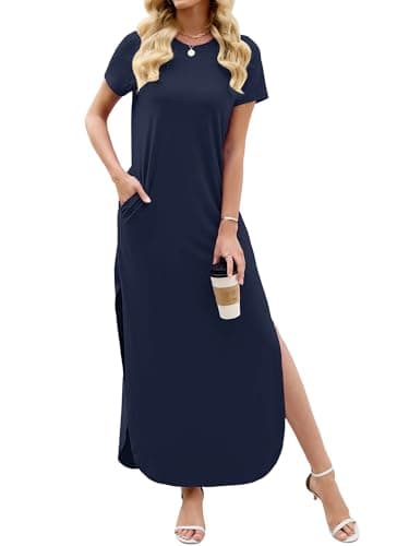 Heymoments Womens Summer Maxi Dress Navy Blue Medium Short Sleeve Casual Loose Fitted Long T Shirt Ladies Flowy Dresses Split Cute Vacation Party Beach Travel Elegant Sundress with Pockets - Image 1