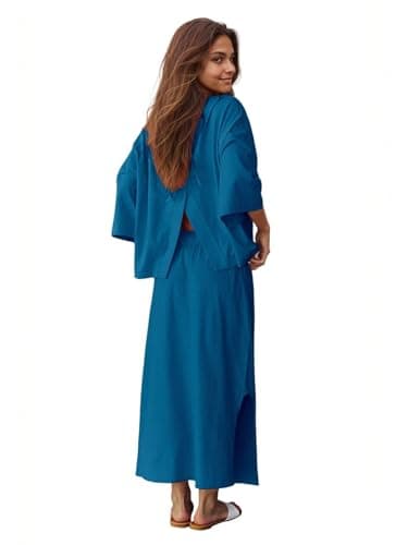 Halfword 2 Piece Sets for Women Oversized Shirt and Maxi Skirt Set Vacation Clothes Casual Lounge Set with Pockets Peacock Blue L - Thumbnail 4