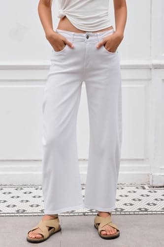 PEIHOT Mid Rise Barrel Jeans for Women Trendy Boyfriend Stretchy Baggy Cropped Denim Pants with Pockets White - Thumbnail 6