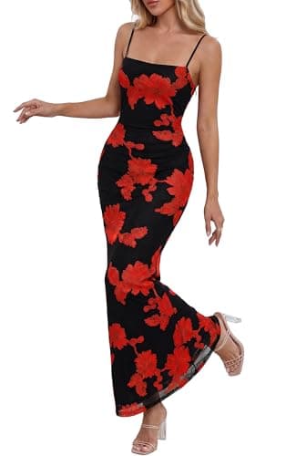 BTFBM Womens Maxi Dress 2026 Spring Floral Sexy Spaghetti Straps Sleeveless Bodycon Summer Beach Wedding Guest Dresses(Floral Black Red, XX-Large) - Image 1