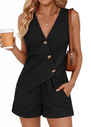 Lazysmile Summer 2 Piece Sets for Women Fashion Matching Set Button Down Suit Vest Tops and Shorts Casual Outfits - Image 1