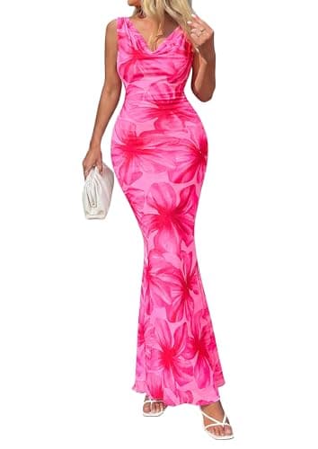 PRETTYGARDEN Women's Summer Wedding Guest Dress 2026 Spring Cowl Neck Mesh Bodycon Formal Cocktail Party Floral Maxi Dresses(Pink Floral,Small) - Image 1