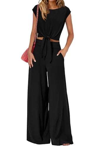 PRETTYGARDEN Women 2 Piece Lounge Sets 2026 Casual Summer Outfits Cap Sleeve Strappy Crop Tops Wide Leg Pant Tracksuit(Black,X-Large) - Image 1