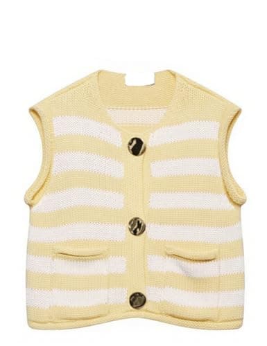 Fmkagva Womens Striped Cropped Sweater Vest Knitted Vests Top Button Down Crew Neck Sleeveless Cardigans with Pockets (Yellow-M) - Image 1