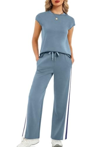 Casly Lamiit Lounge Sets for Women 2026 Spring Summer 2 Piece Outfits for Women Short Sleeve Tops Wide Leg Sweatpants Matching Travel Airport Lounge Set Blue Grey XS - Image 1