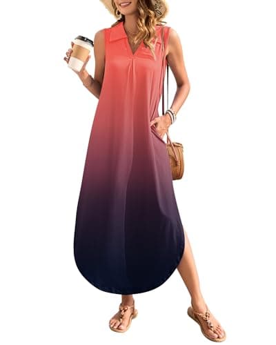 WNEEDU Summer Dresses for Women 2025 Casual V-Neck Sleeveless Long Dress Split Maxi Beach Sundresses Travel Vacation Outfits,OG BK Gradient M - Image 1