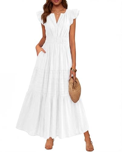 BTFBM Womens Summer Maxi Dress 2026 Spring Boho Vacation Ruffle Flutter Short Sleeve A Line Tiered Flowy Dresses Pockets(White, XX-Large) - Image 1