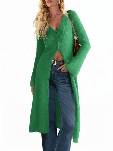 Saodimallsu Womens Long Cardigan Sweaters Oversized Bell Sleeve Open Front Button Down Casual Knit Fall Midi Dress Green - Image 1