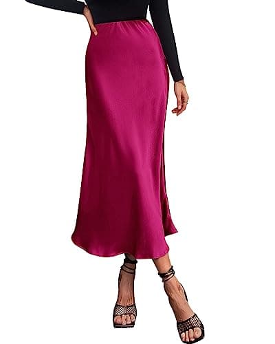 BTFBM 2026 Womens Spring Summer Long Satin Skirt Silk Elegant High Waist Cocktail Party Wedding Flowy A-Line Midi Skirts(Rose Red, X-Large) - Image 1