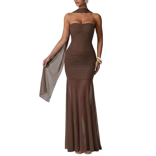Curvphilo Women's Strapless Ruched Bodycon Mermaid Maxi Dress with Neck Scarf Formal Evening Prom Wedding Guest Gown Brown - Image 1