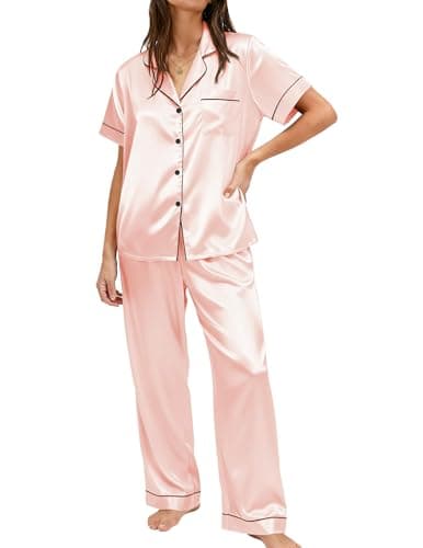 Ekouaer Womens Silky Satin Pajamas Set Short Sleeve Button Down Sleepwear 2 Piece Lounge Set Pj Set Light Pink Large - Image 1