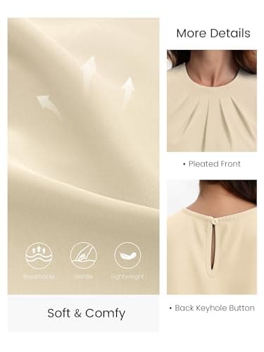 Funlingo Short Sleeve Blouses for Women Dressy Casual Summer Tunic Tank Tops Crew Neck Pleated Shirts Spring Work Business Outfits Beige S - Thumbnail 6