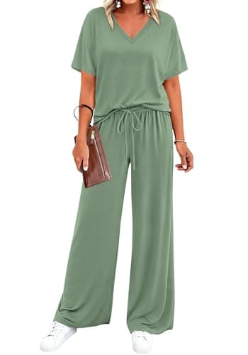 BTFBM 2 Piece Sets for Women Summer V Neck Short Sleeve Lounge Set Wide Leg Pants Matching Set Airport Travel Outfits(Sage Green, XX-Large) - Image 1