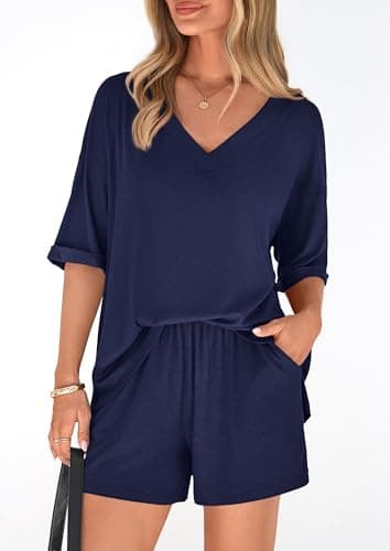PRETTYGARDEN Womens 2 Piece Sets 2026 Oversized Vneck Half Sleeve Tops Shorts Lounge Set Casual Summer Travel Beach Outfits (Navy Blue,Large) - Thumbnail 2
