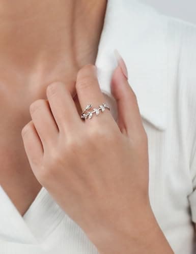 IMOLOVE Moissanite Wedding Bands for Women, 0.2 Carat Simple Moissanite Eternity Adjustable Rings for Women Trendy Elegant Stackable Leaf Rings with 18K White Gold Plated Size 5 - Thumbnail 3