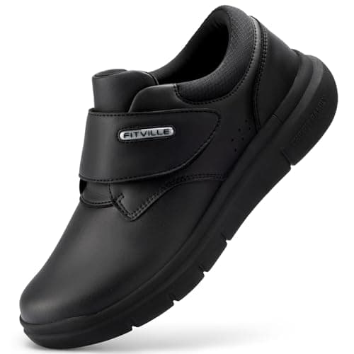 FitVille Diabetic Shoes for Men Extra Wide Slip-on Walking Shoes for Edema Hook & Loop Recovery Leather Shoes for Swollen Feet (8.5 Wide) Black
