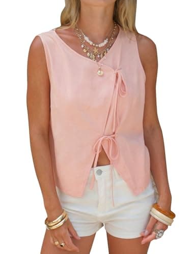 EXLURA Womens Linen Tank Tops Summer Trendy V Neck Vest Casual Tie Front Shirt Cute Spring Beach Vacation Outfits 2026 Pink - Image 1