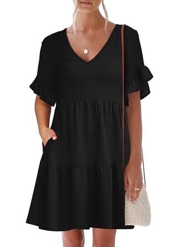 Caracilia Dresses for Women Summer Casual 2026 Ruffle Short Sleeve A Line Tiered Flowy Cute V Neck Mini Beach Dress Pockets Black X-Large - Image 1
