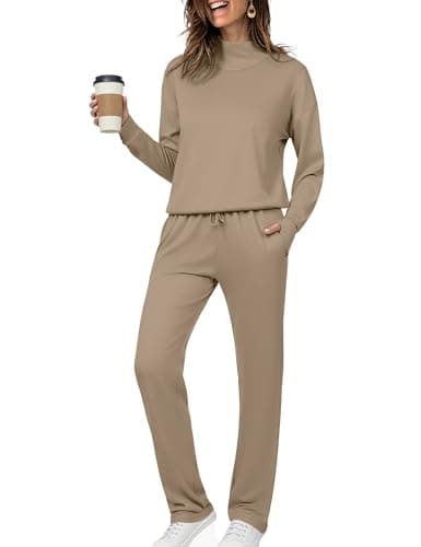 Totatuit Womens Casual Sweatsuit Two Piece Lounge Set Winter High Neck Pullover Long Sleeve Tracksuit Fall Outfits Warm Office Wear light Khaki M - Image 1