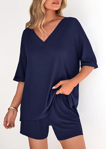 PRETTYGARDEN Womens 2 Piece Sets 2026 Oversized Vneck Half Sleeve Tops Shorts Lounge Set Casual Summer Travel Beach Outfits (Navy Blue,Large) - Thumbnail 3