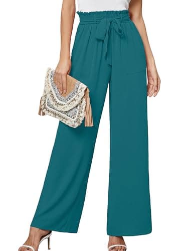 Heymoments Women's Wide Leg Pants with Pockets Turquoise Medium Lightweight High Waisted Tie Knot Paperbag Dressy Palazzo Loose Paper Bag Comfy Business Casual Work Flowy Trousers - Image 1