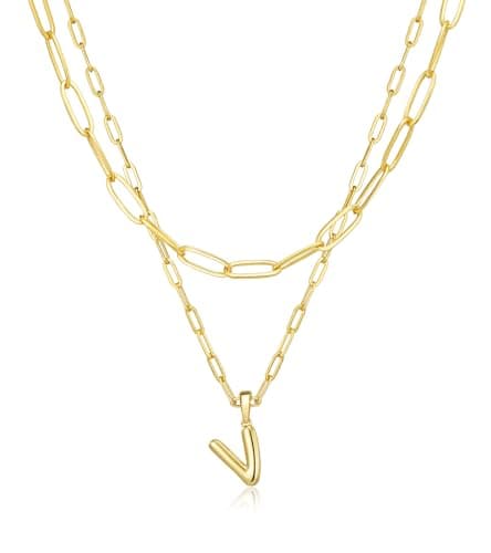 adoyi Easter Basket Stuffers for Women Dainty 14K Gold Plated Heart Initial Necklaces Layered Letter V Pendant Necklace Stack Jewelry Birthday Valentines Gifts for Her Mom Wife - Image 1