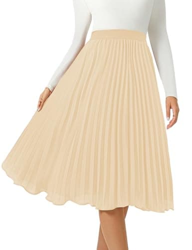 Women's Midi Skirt Elastic High Waist Pleated Skirt Knee Length Swing A-Line Casual Flowy Skirts 2025 Champagne,S - Image 1