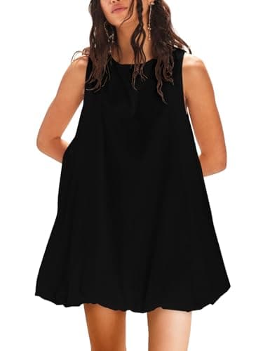 COCOMARTS Dress for Women Summer Casual Linen Mini Dresses Sleeveless Crew Neck Bubble Keyhole Tie Back Vacation Sundress Black Small - Image 1