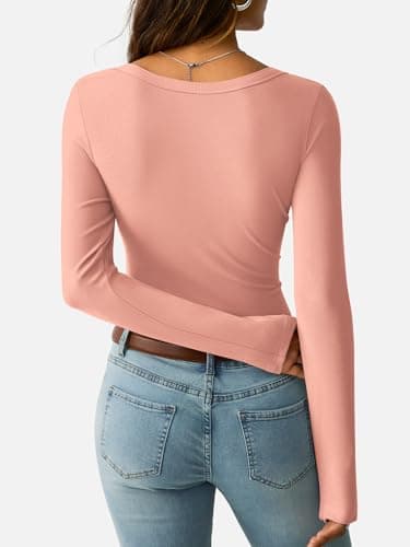 GKBK Long Sleeve Scoop Neck Tops for Women Ribbed Knit Slim Fitted Tight Basic Tee Shirts Lightweight Fall Sweaters 2025 Fashion Trendy Outfits Light Pink - Thumbnail 4
