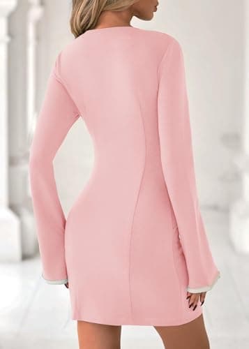 Lazysmile Women's Casual Dresses Long Sleeve Boat Neck Button Down Bodycon Mini Fall Party Club Cocktail Dresses for Women Pink - Thumbnail 2