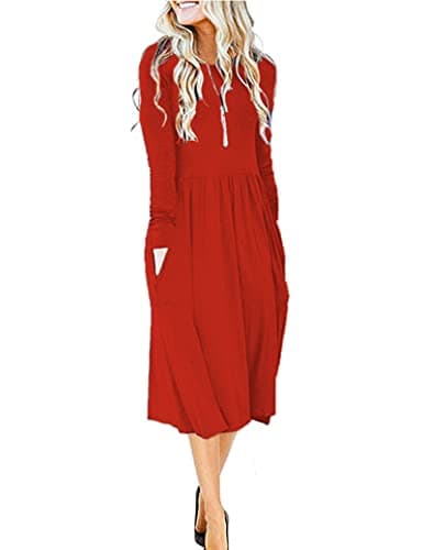 MISFAY Women's Long Sleeve Midi Dress Loose Casual Empire Waist Dresses with Pockets(Red,M) - Image 1