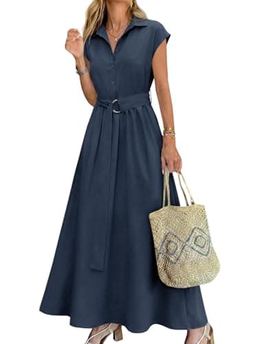 Wenrine Womens Summer Shirt Dress Button Collared Casual Short Sleeve Tie Waist A Line Flowy Long Maxi Dresses Navy - Image 1