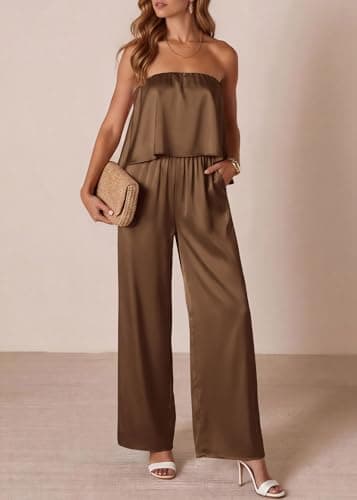 KIRUNDO Jumpsuits For Women Dressy 2026 Casual Tube Top Summer Romper Flowy Satin Strapless One Piece Vacation Outfits(Brown, XX-Large) - Thumbnail 2